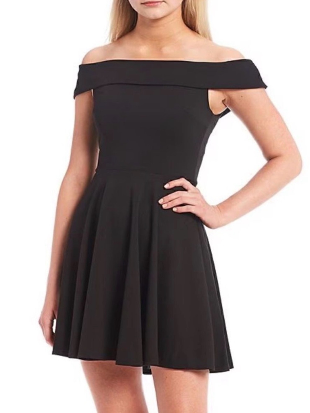 B. Darlin Cuff Off-The-Shoulder Scuba Crepe Skater Dress Retro 5/6 Juniors